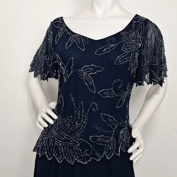 J Kara "NEW" Blue Short Flutter Sleeve Romantic Beaded Long Maxi Dress Size 6 - Picture 4 of 12